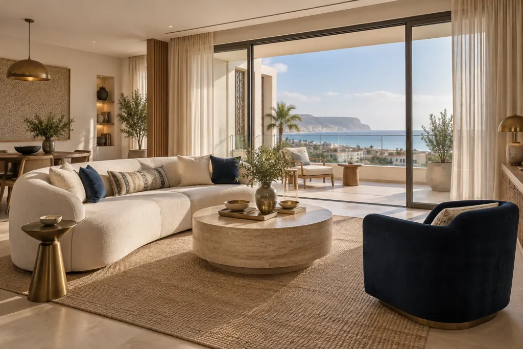 Salon lumineux d’un appartement en location à Agadir